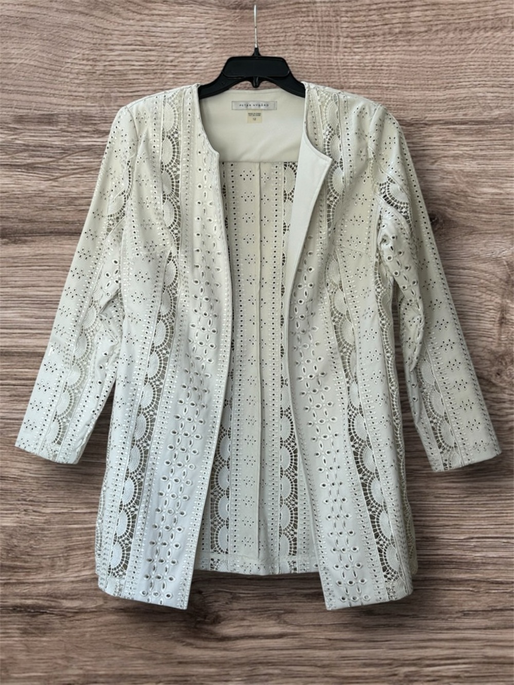Peter Nygard Open Front White Eyelet Cut Vegan Leather Over Jacket Coat Size 12